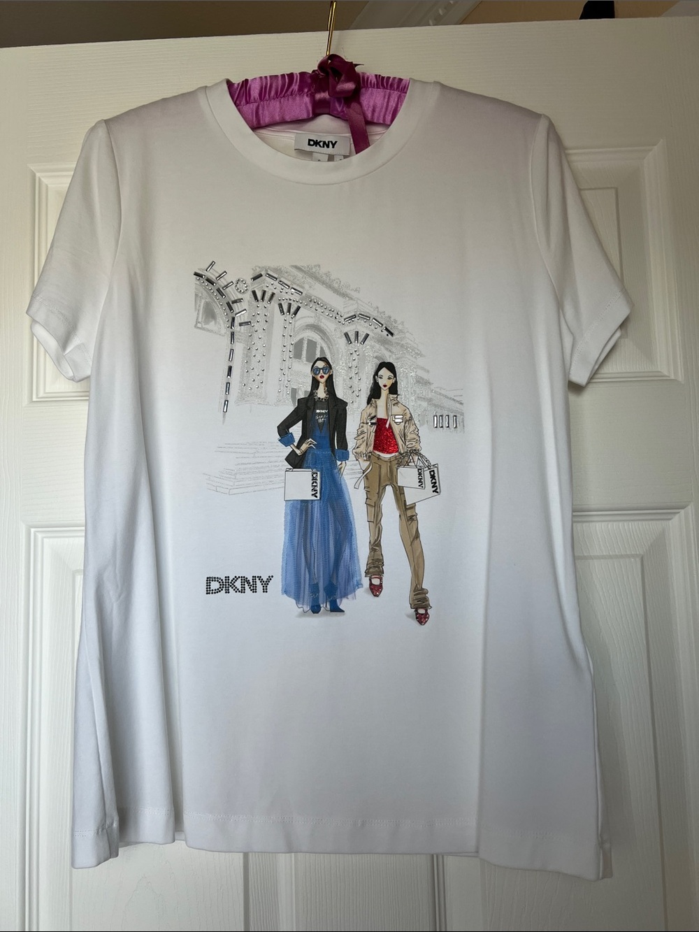 DKNY White Tee with Fashion Illustration in Blue and Tan